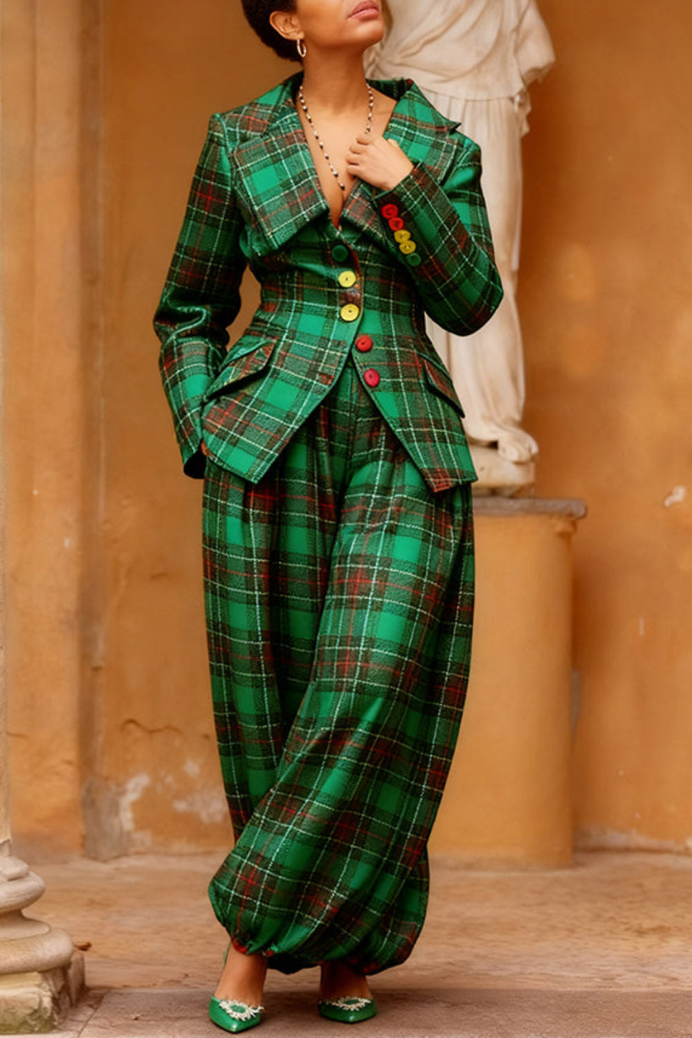 Christmas Green Plaid Turndown Collar Long Sleeve Pocket Elegant Jogging Two Piece Pant Sets