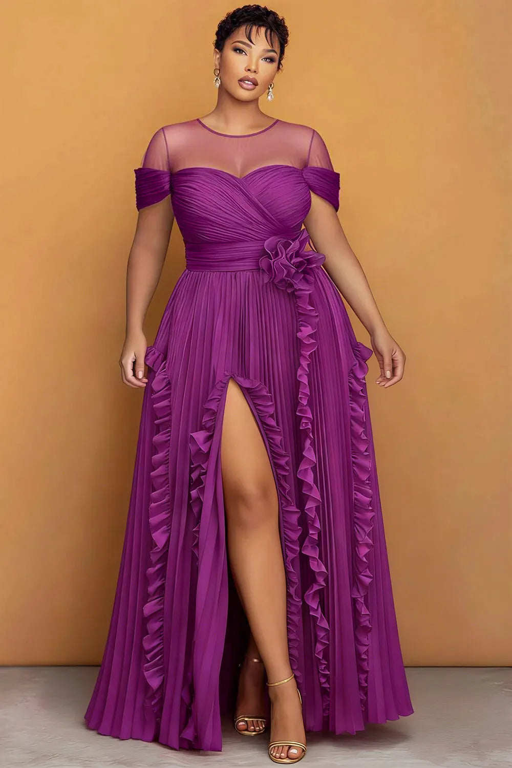 Purple Round Neck Short Sleeve Ruffle See Through Maxi Dresses