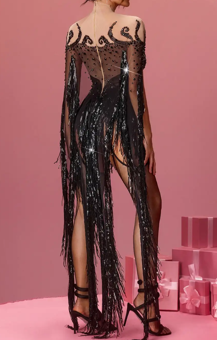 Black Rhinestone Sheer Mesh Fringe Mini Dress