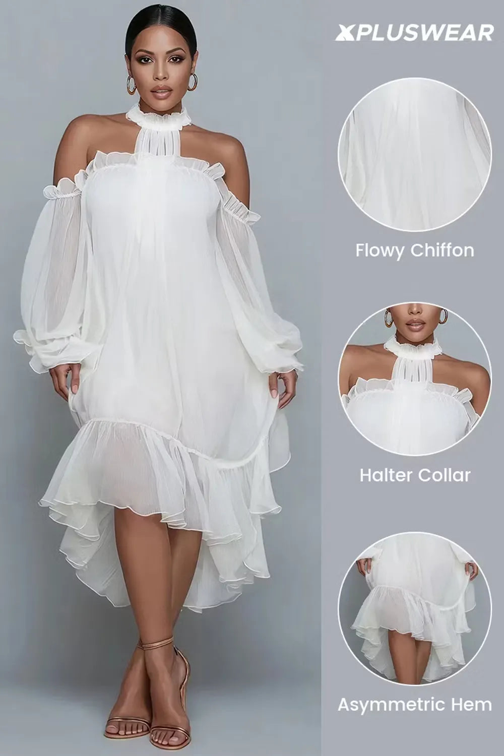 Birthday White Halter Collar Cold Shoulder Long Sleeve Ruffle Asymmetric Hem Irregular Hem Chiffon Midi Dresses