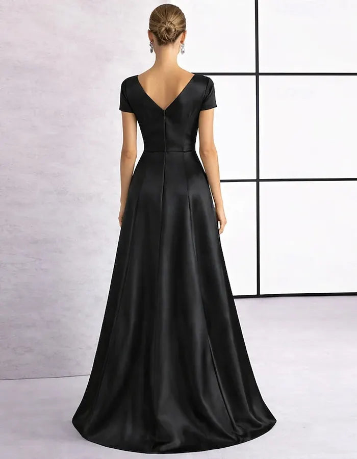 Solid Color Satin 3D Floral Embellishment V-Neck With Slit Maxi Dress