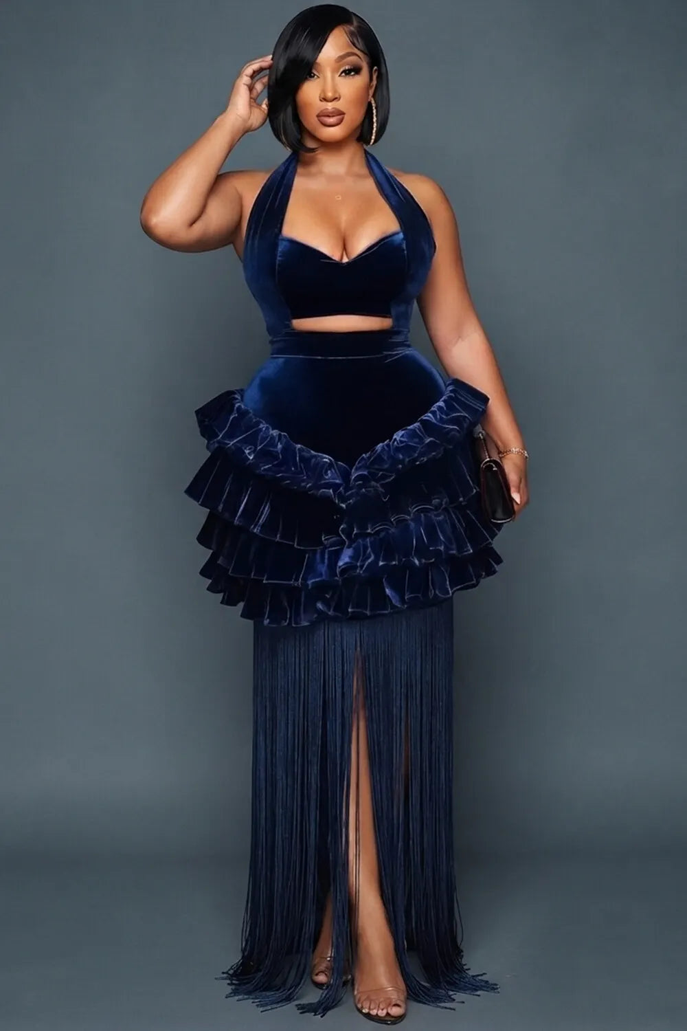 Halter Cut Out Tiered Ruffle Long Fringe Gowns Maxi Dresses-Blue [Pre Order]