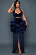 Halter Cut Out Tiered Ruffle Long Fringe Gowns Maxi Dresses-Blue [Pre Order]