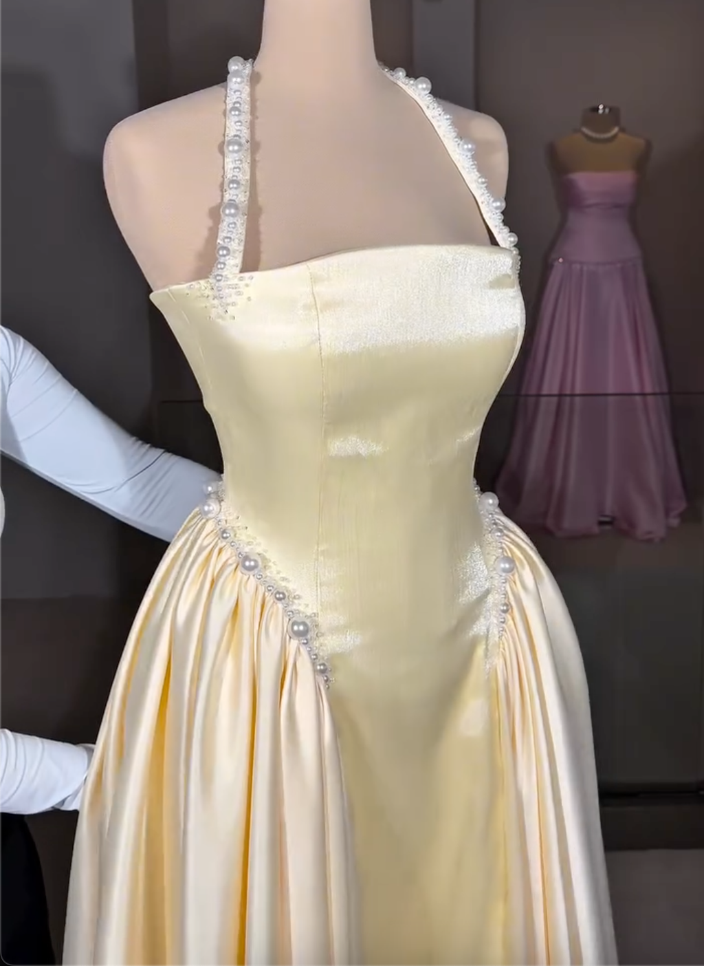 Buttercream Yellow Halter Maxi Dress with Pearl Embellishments & Satin Skirt