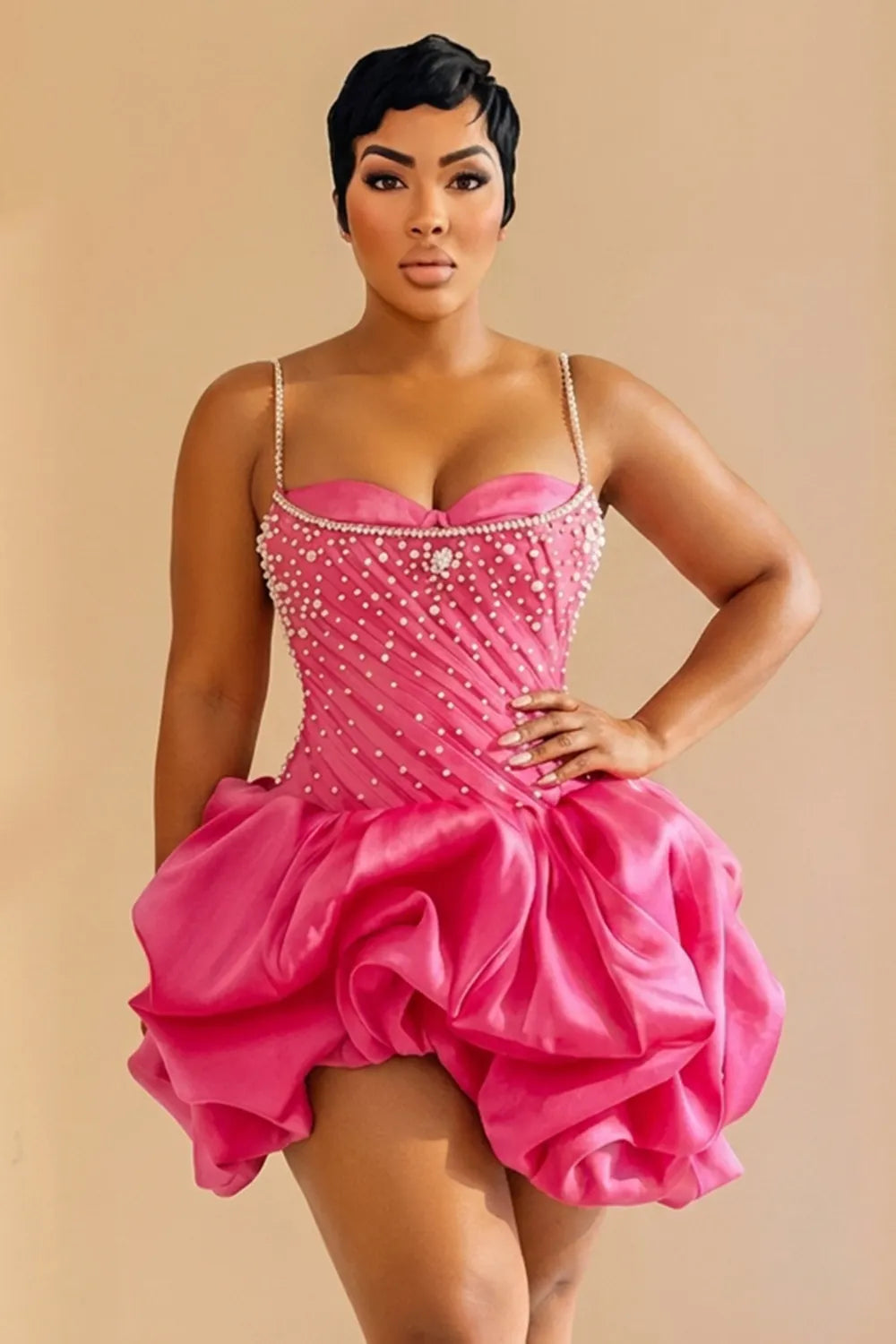 Cami Neck Rhinestone Bubble Hem Party Mini Dresses-Fuchsia [Pre Order]