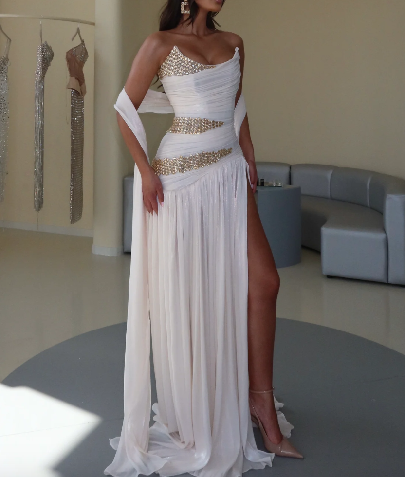 White Gold Rhinestone One Shoulder Maxi Dress