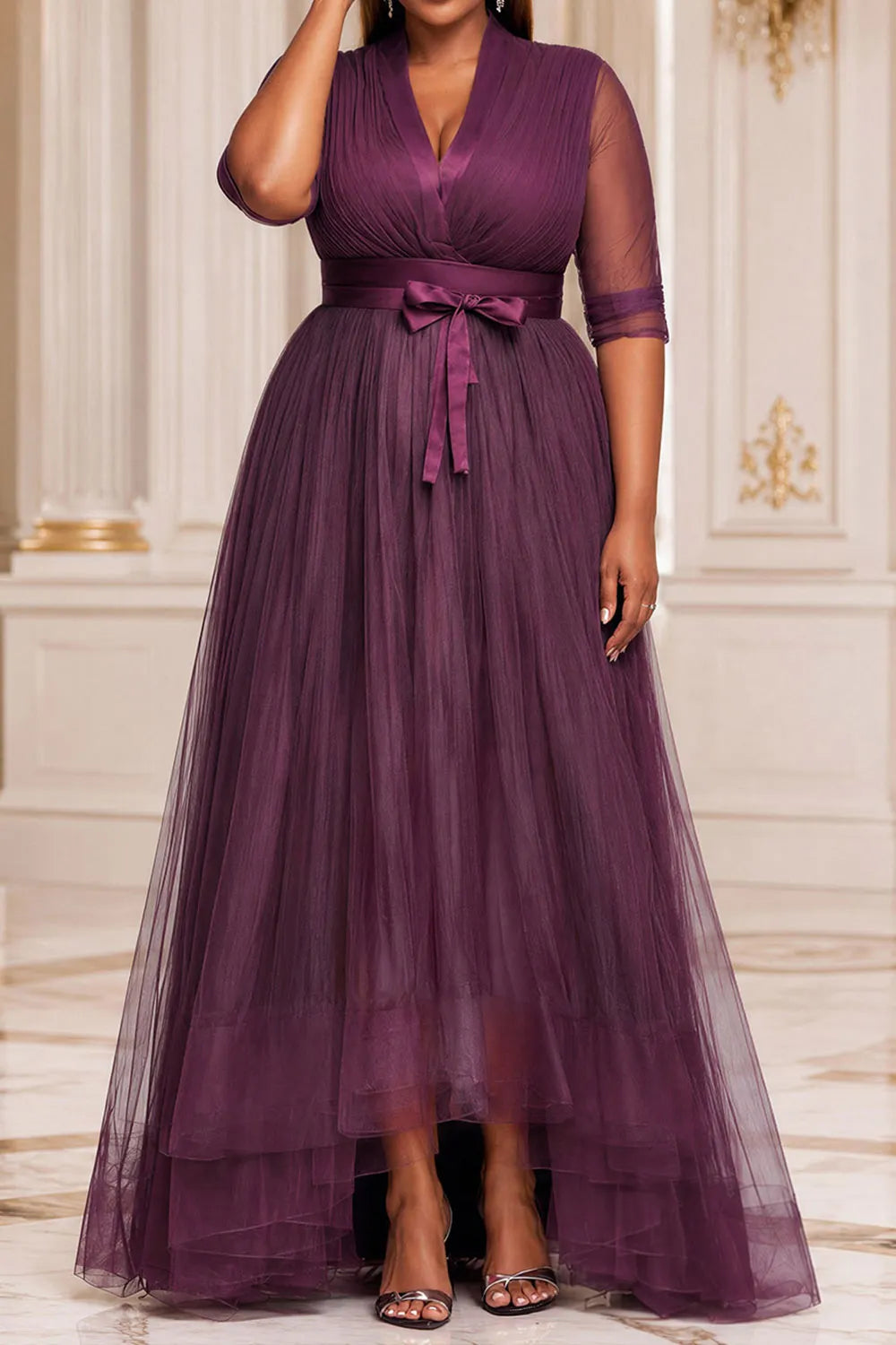 Purple V Neck Half Sleeve Asymmetric Hem Irregular Hem Fold Tulle Maxi Dresses [Pre-Order]