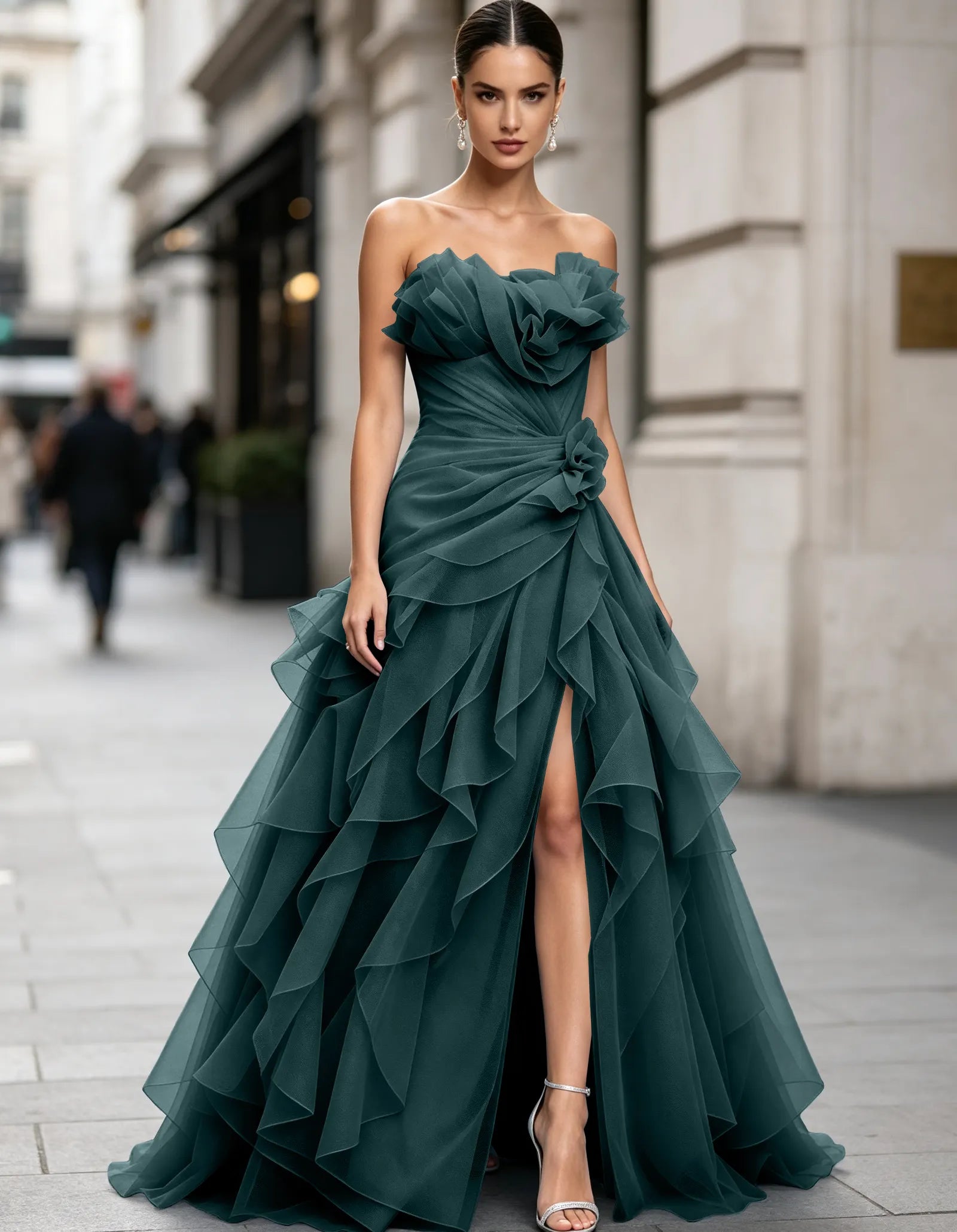 Voluminous Floral Ruffle Strapless Tulle Mermaid  Maxi Dress