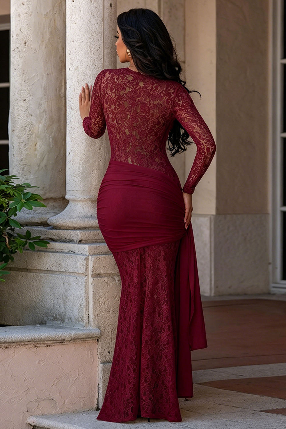 Lace Round Neck Long Sleeve Side Sash Slim Gowns Maxi Dresses-Burgundy