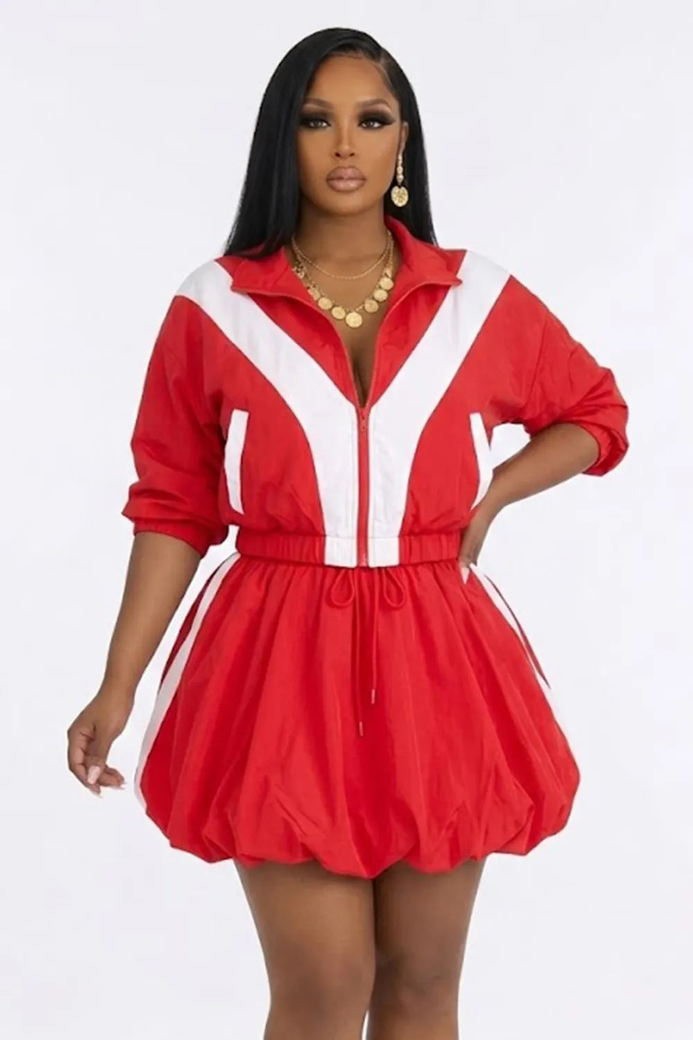 Contrast Turndown Collar Zipper Top Drawstring Puff Mini Skirt 2pcs Set-Red