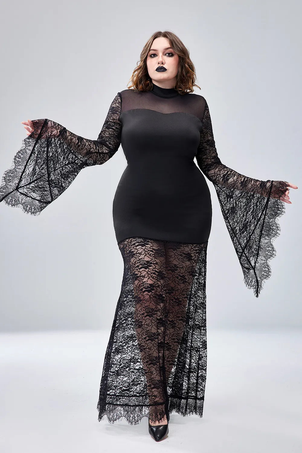 Halloween Costume Black Trumpet Sleeve Lace Maxi Dress(Ships 24h)