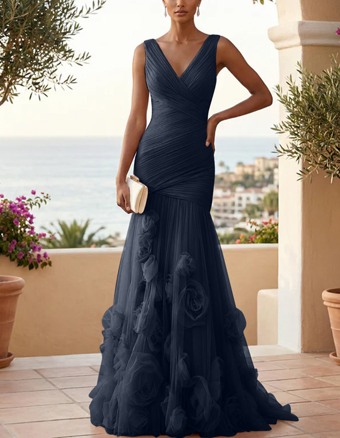 Solid Color V-neck 3D Rose Mesh Maxi Dress