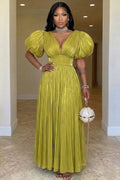 V Neck Puff Sleeve Cinch Waist Ruffle Gowns Maxi Dresses-Green [Pre Order]