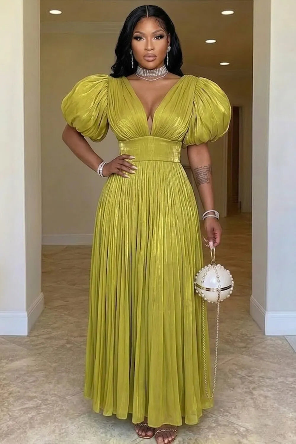 V Neck Puff Sleeve Cinch Waist Ruffle Gowns Maxi Dresses-Green [Pre Order]