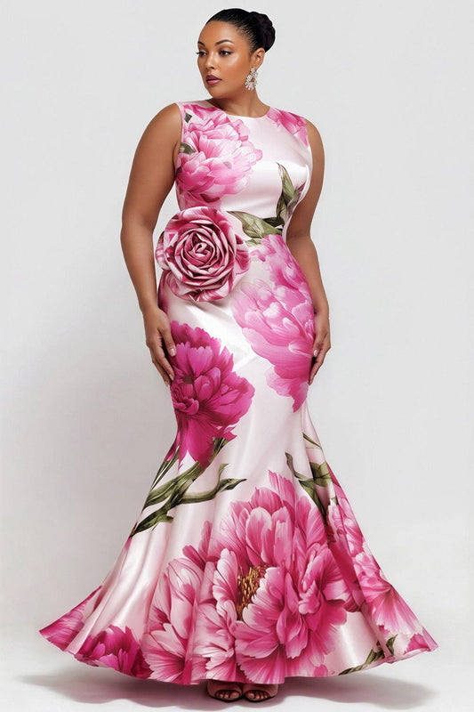 Elegant Pink Floral Round Neck Mermaid 3D Satin Maxi Dresses