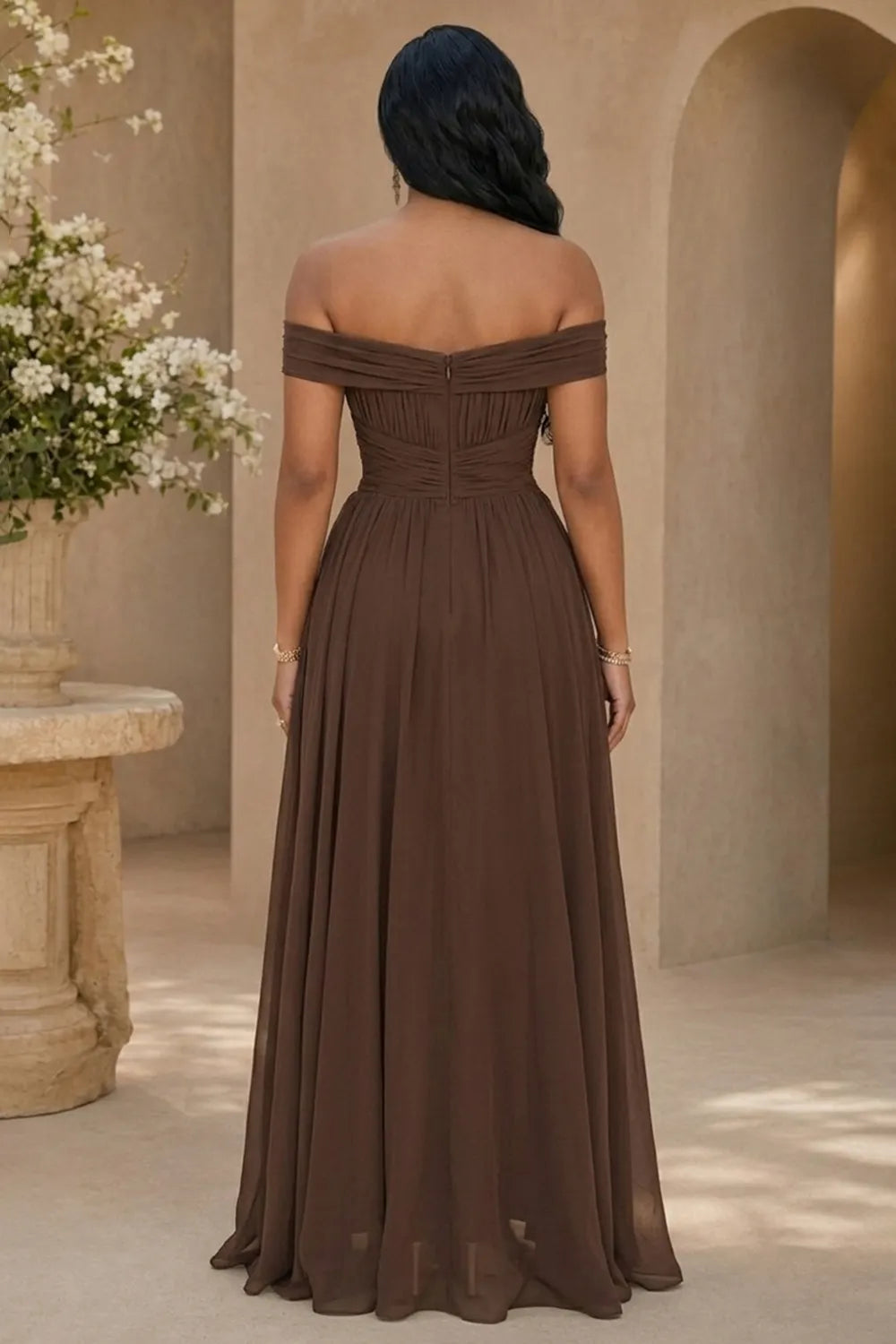 Off Shoulder Cinch Waist Ruffle Hem Wedding Maxi Dresses-Brown [Pre Order]
