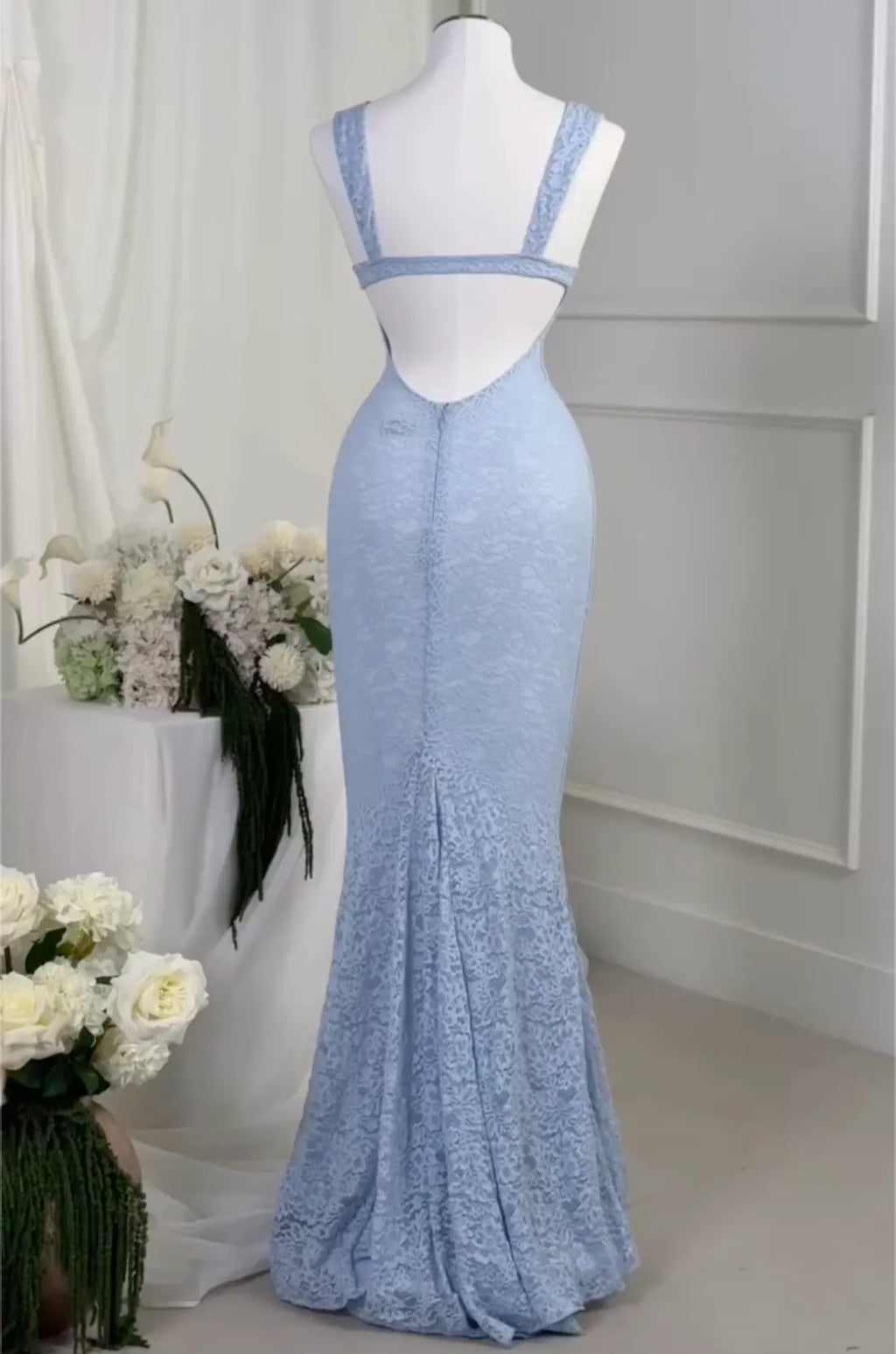 Light Blue Sweetheart Lace Mermaid Maxi Dress with Open Back - Formal Evening Gown