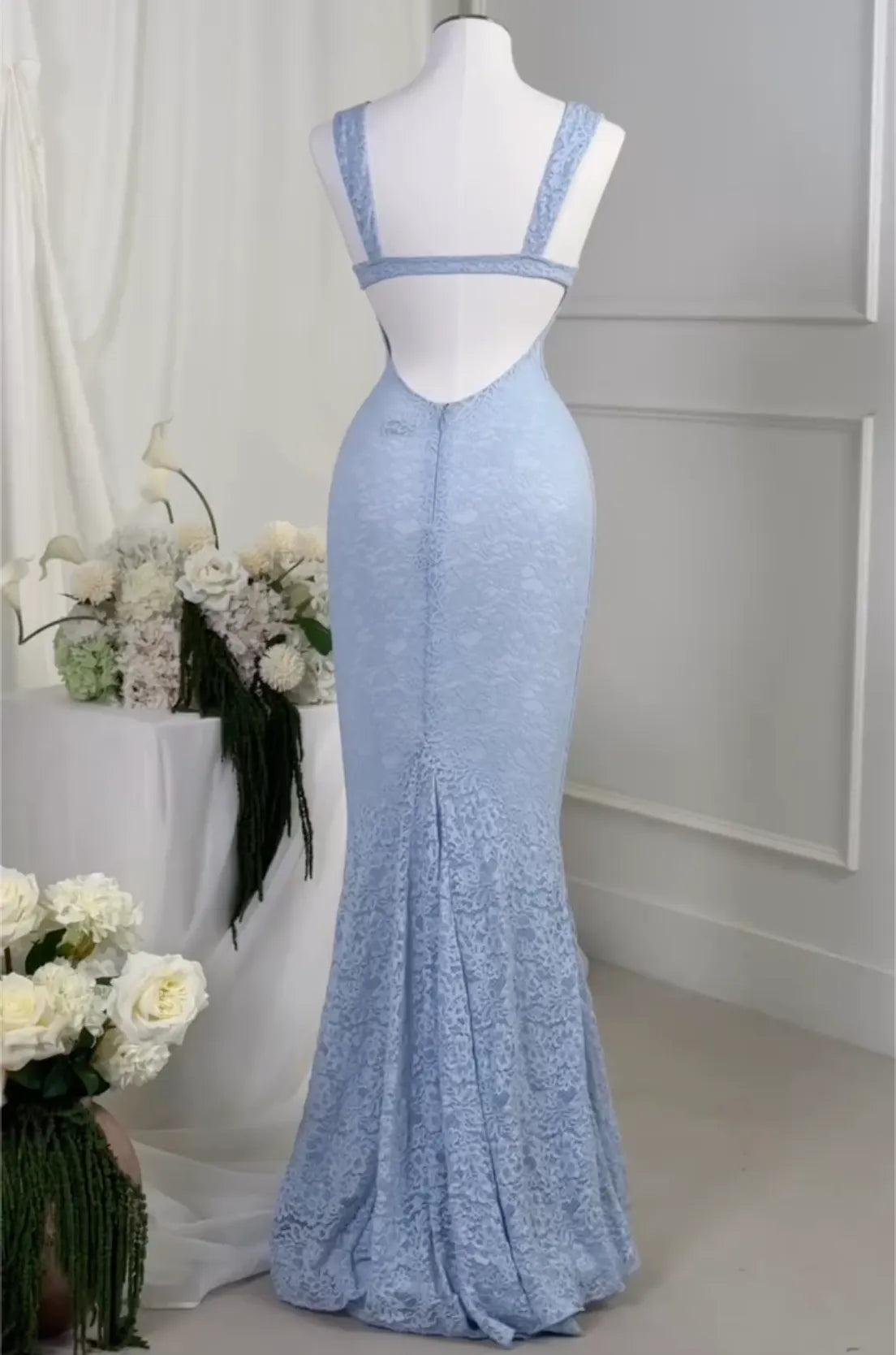 Light Blue Sweetheart Lace Mermaid Maxi Dress with Open Back - Formal Evening Gown