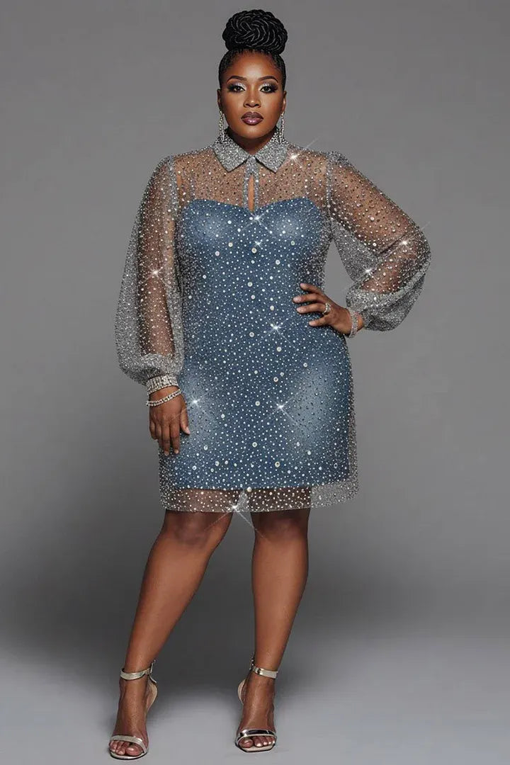 Party Blue Shirt Collar Long Sleeve See Through Sequin Mini Dresses