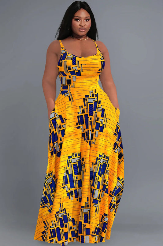 Casual Yellow Geometric Print U Neck Sleeveless Sundress Pocket Maxi Dress