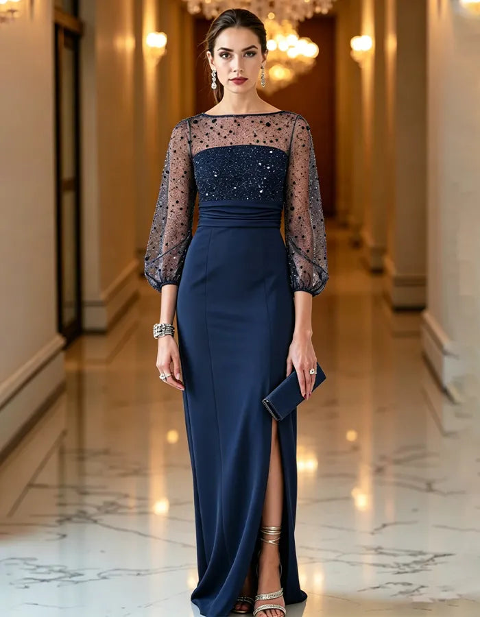 Rhinestone mesh fitted waist maxi dress