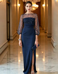 Rhinestone mesh fitted waist maxi dress