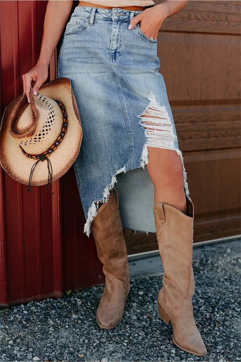Women's Casual Distressed Denim Skirt With Asymmetrical Hem