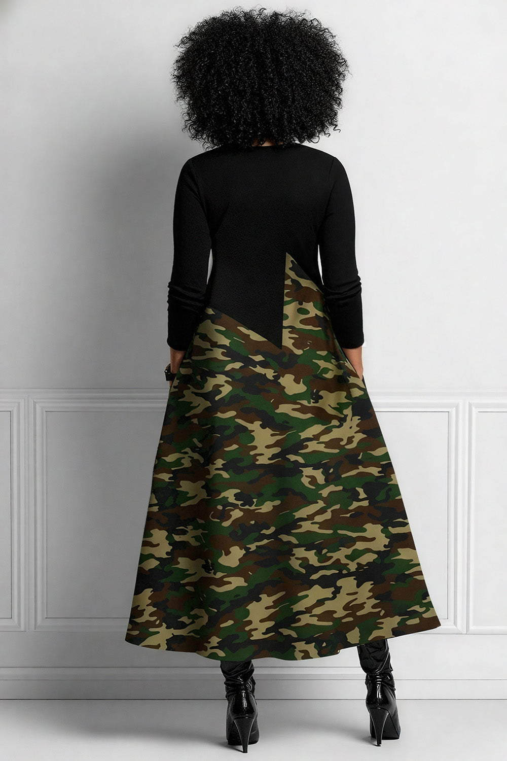 Daily Black Camo Round Neck Long Sleeve Pocket Elegant Midi Dresses
