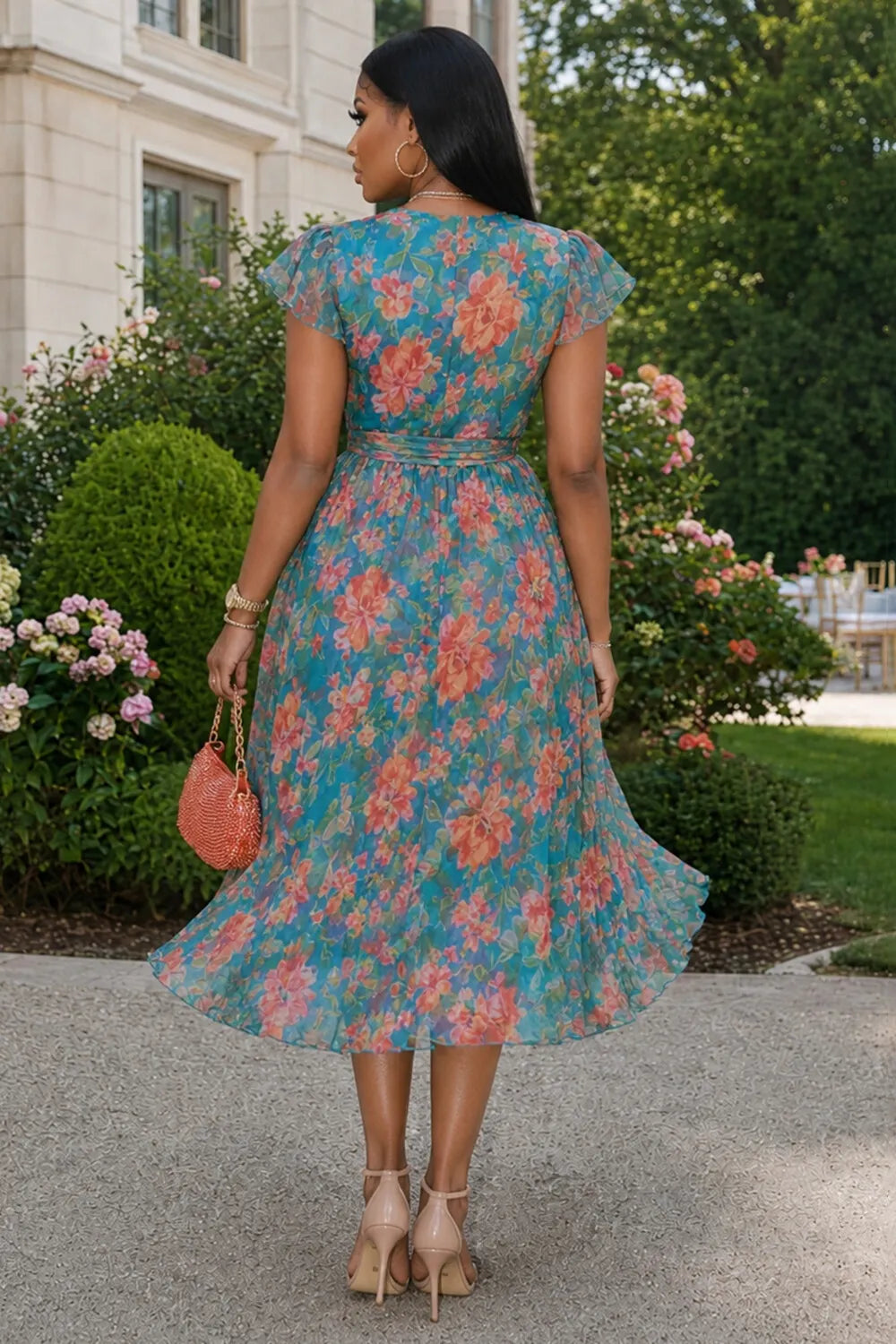 Floral Crossover V Neck Ruffle Sleeve Tie Midi Dresses-Turquoise [Pre Order]