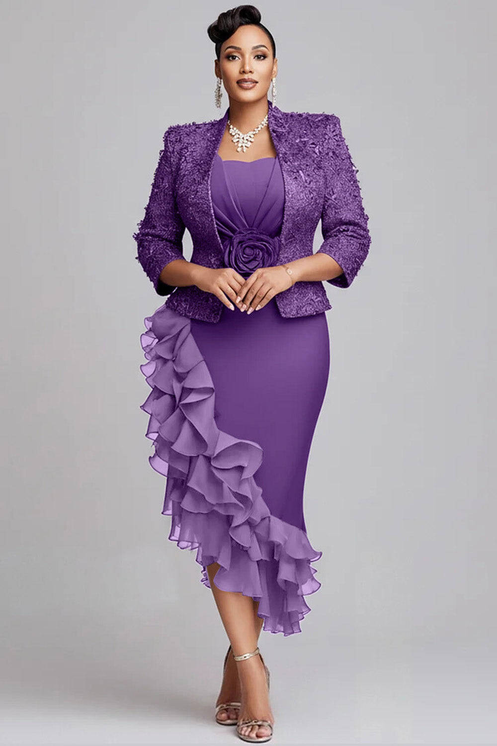 Churchs Gold 3/4 Sleeve Ruffle Elegant 3D Two Piece Dress Set