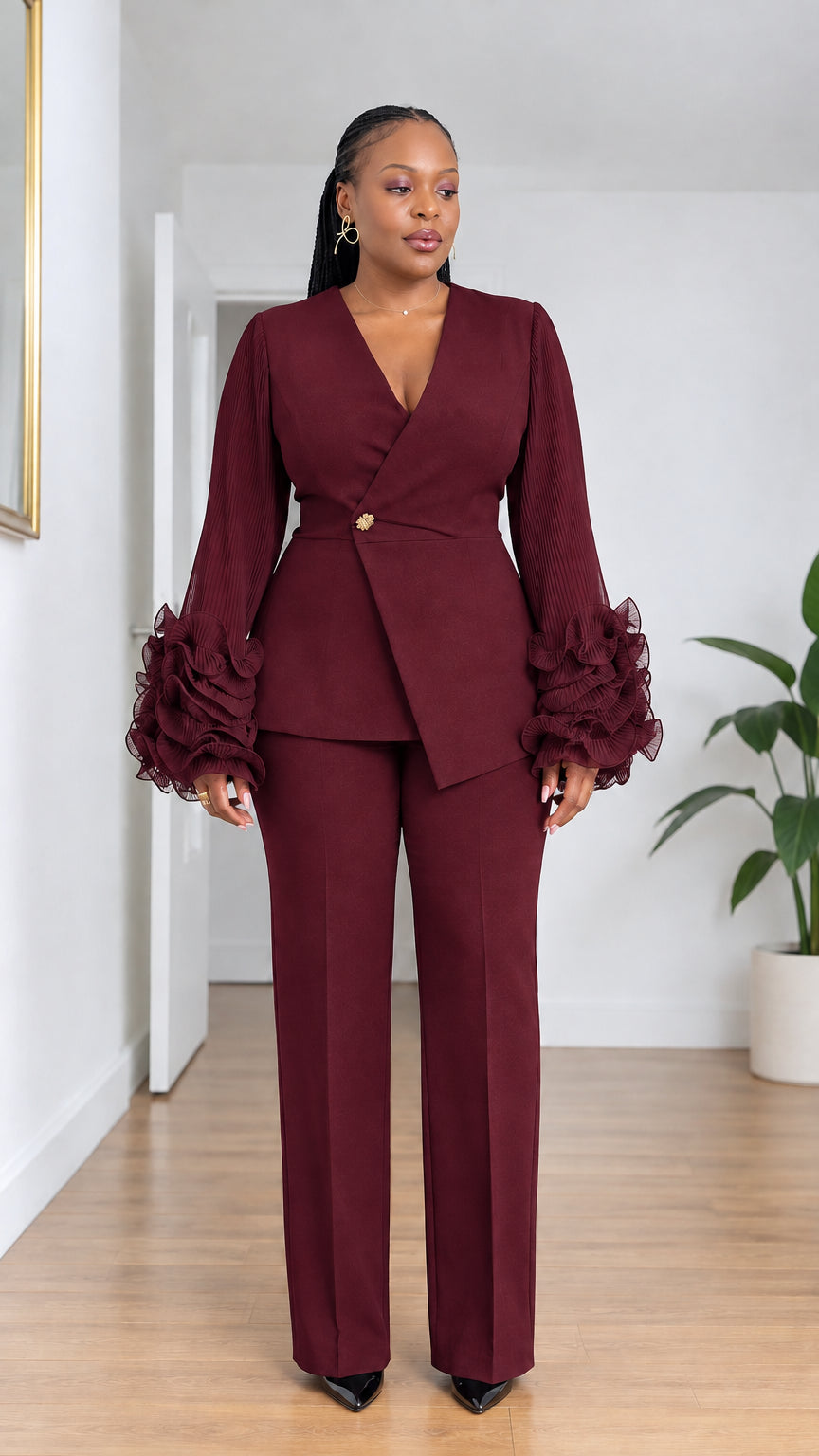 Women's Elegant Ruffle Sleeve Pant Suit Set with Asymmetrical Blazer and Tailored Trousers