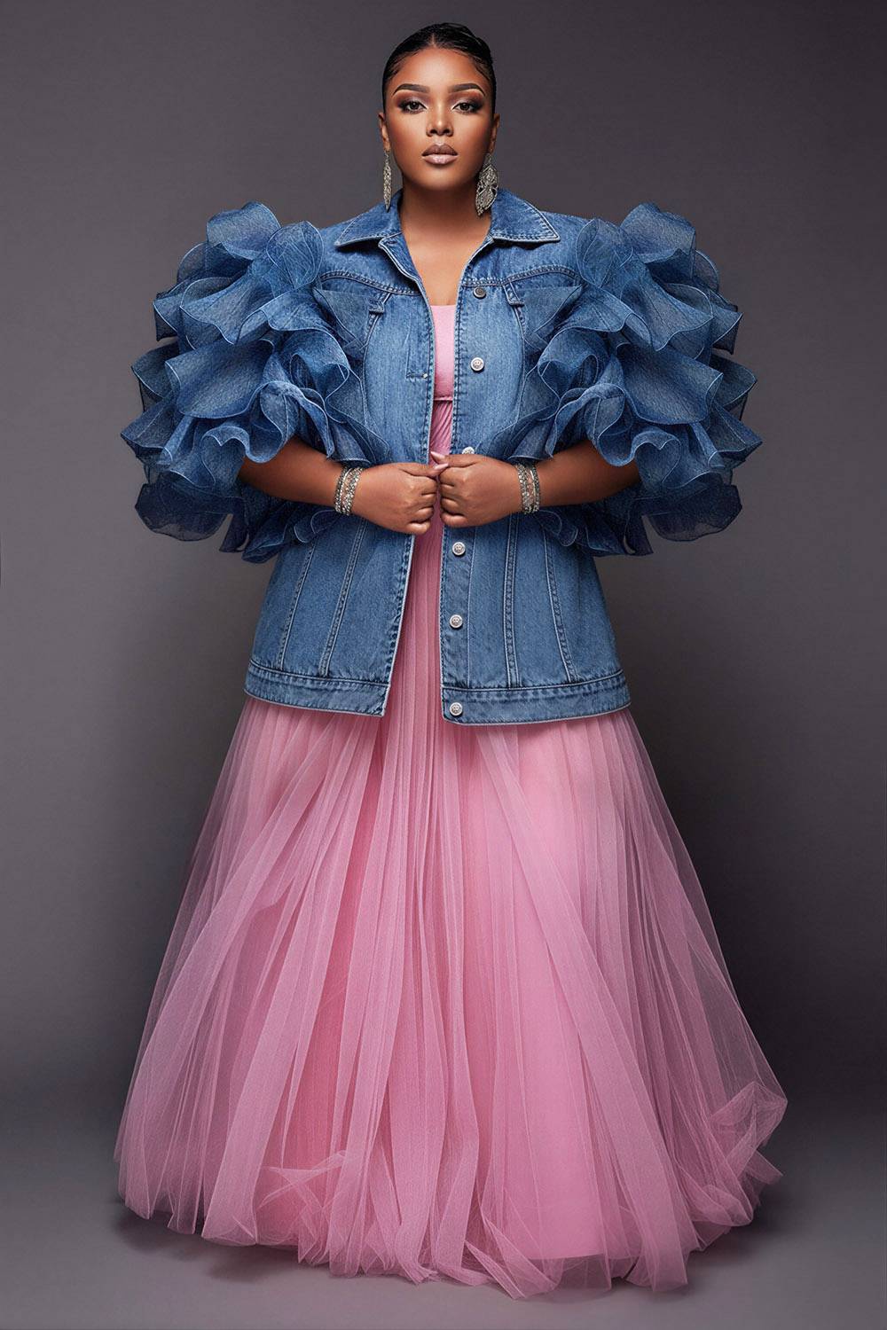 Xpluswear Design Plus Size Party Tulle Blue Shirt Collar Short Sleeve Ruffle Contrast Denim Jacket