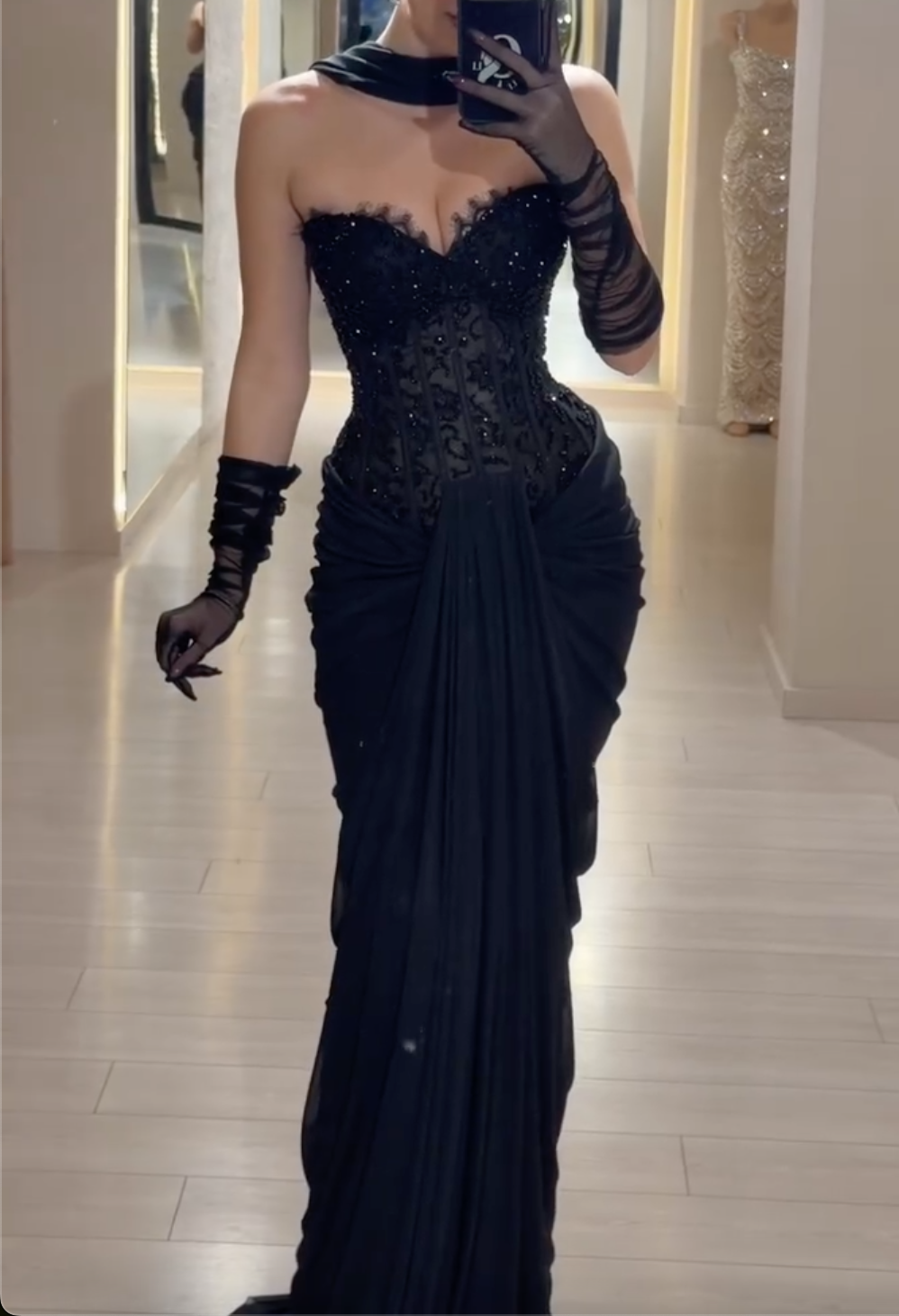 Black Strapless Beaded Corset Maxi Dress