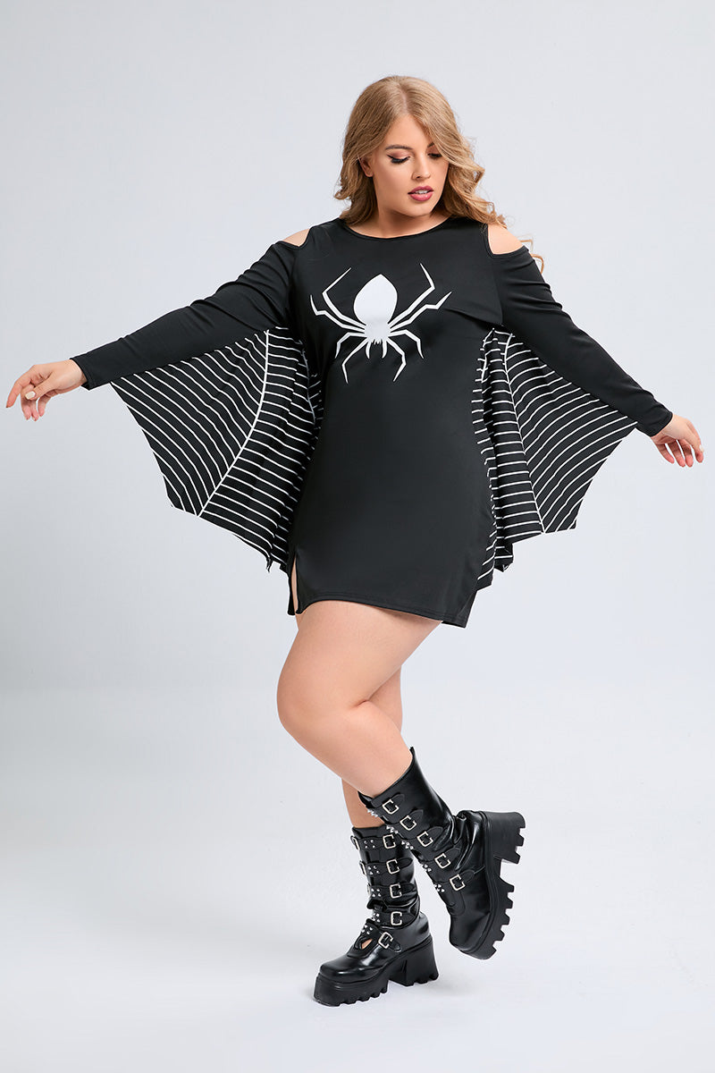 Halloween Costumes Black Spider Print Cold Shoulder Mini Dress (Only Dress)(Ships 24h)