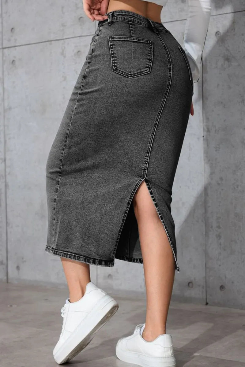Ladies High-Waist Slimming Mid-Length Denim Skirt