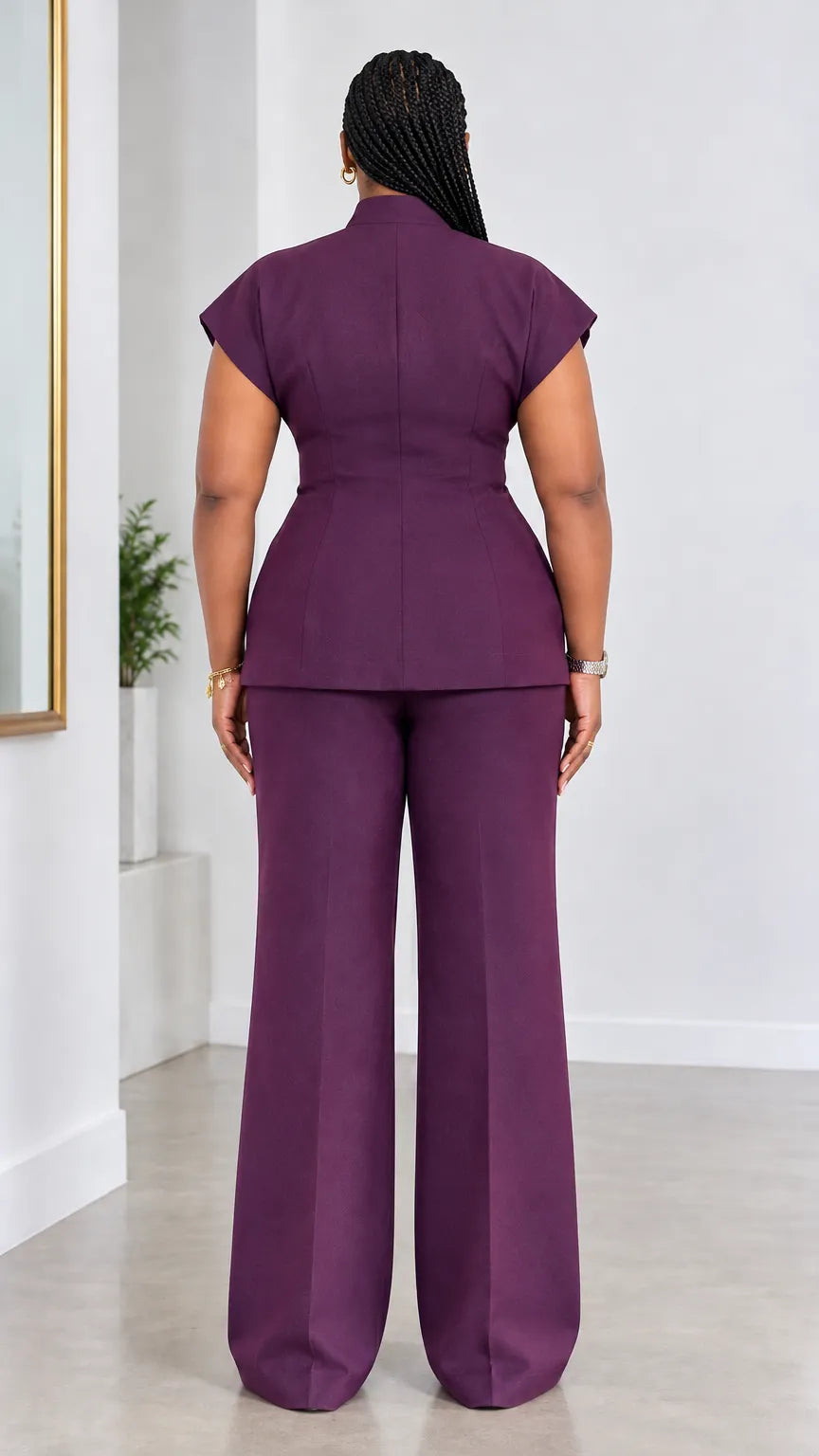 Women's Stand Collar Short Sleeve Double-Breasted Top and Wide-Leg Pants Two-Piece Suit Set