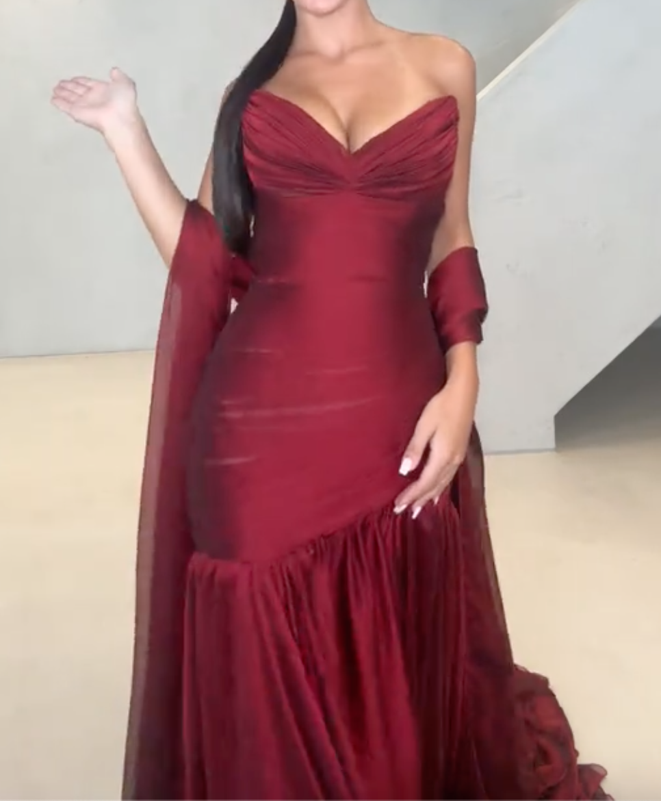 Burgundy Strapless Sweetheart Mermaid Maxi Dress with Sheer Shawl