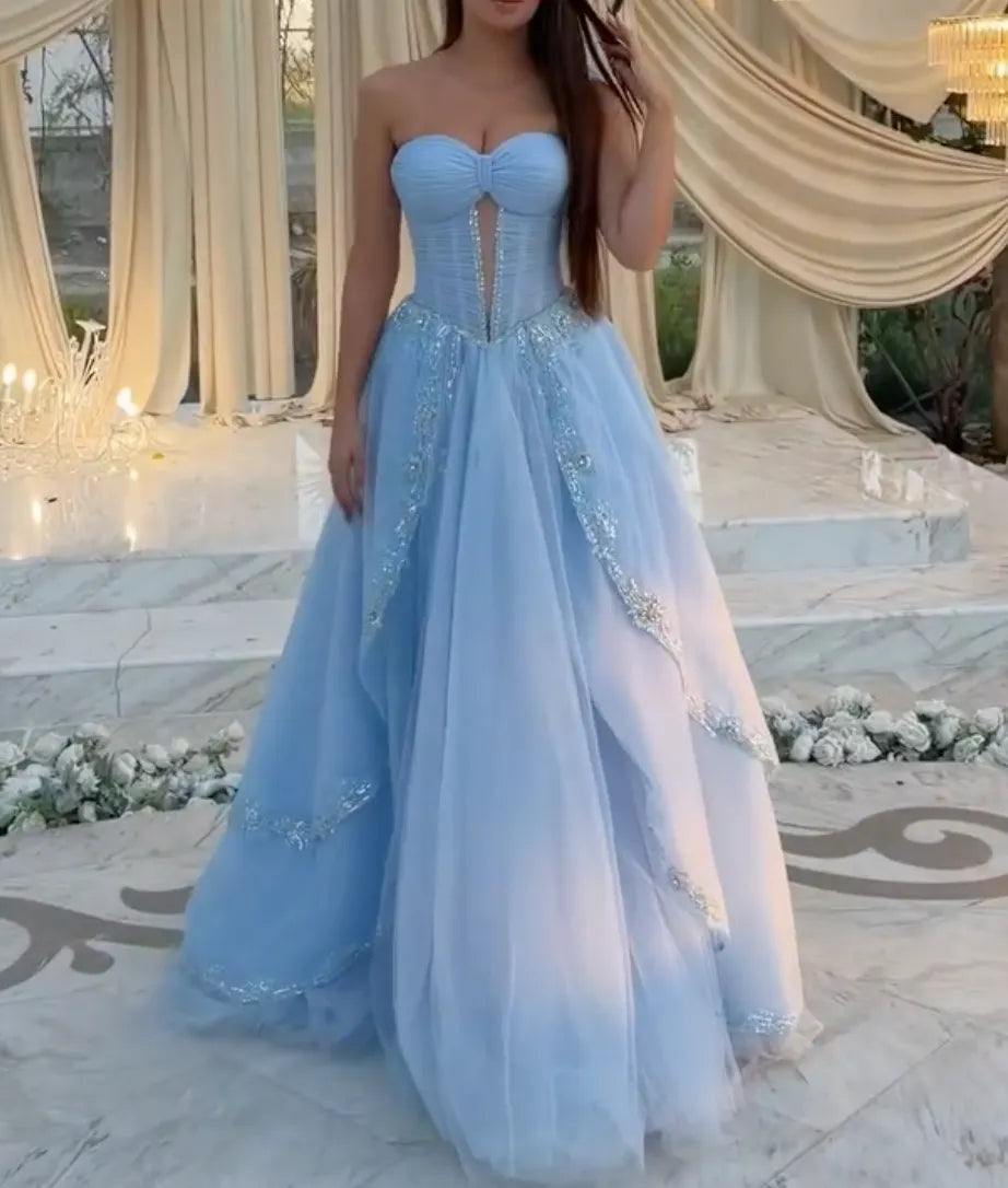 Light Blue Strapless Sweetheart Ball Gown - Tulle Prom Dress with Sparkly Lace Trim