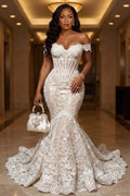Off Shoulder Floral Lace Corset Mermaid Gowns Maxi Dresses-White [Pre Order]