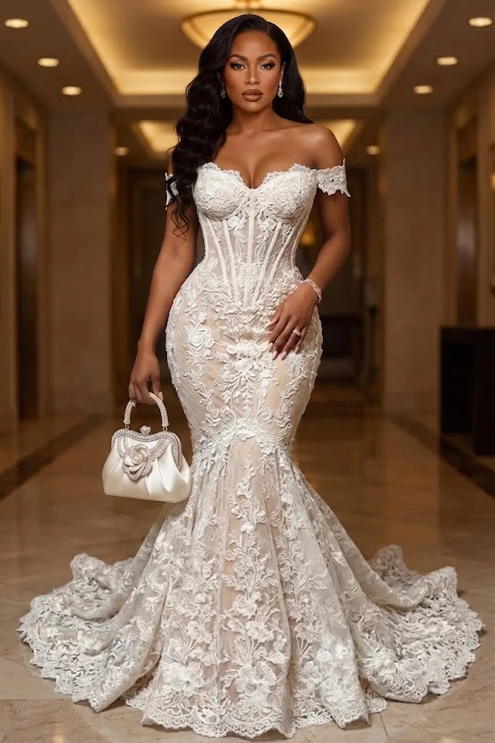 Off Shoulder Floral Lace Corset Mermaid Gowns Maxi Dresses-White [Pre Order]