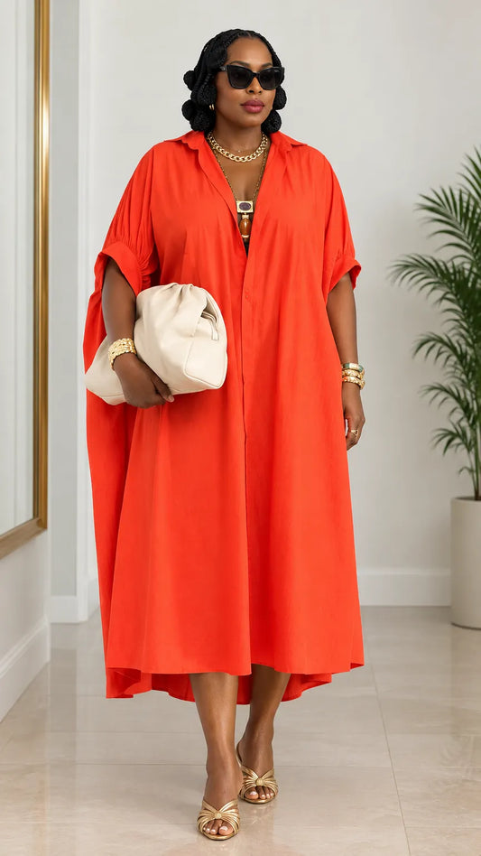 Women's Oversized Lapel Collar Kaftan Shirt Dress Ruched Sleeve Midi Dress