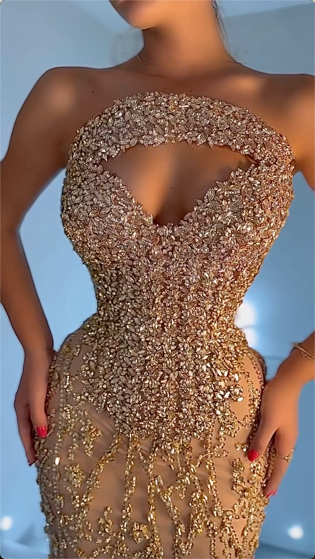 Opulent Gold Strapless Crystal-Encrusted Heart-Cutout Mermaid Maxi Dress
