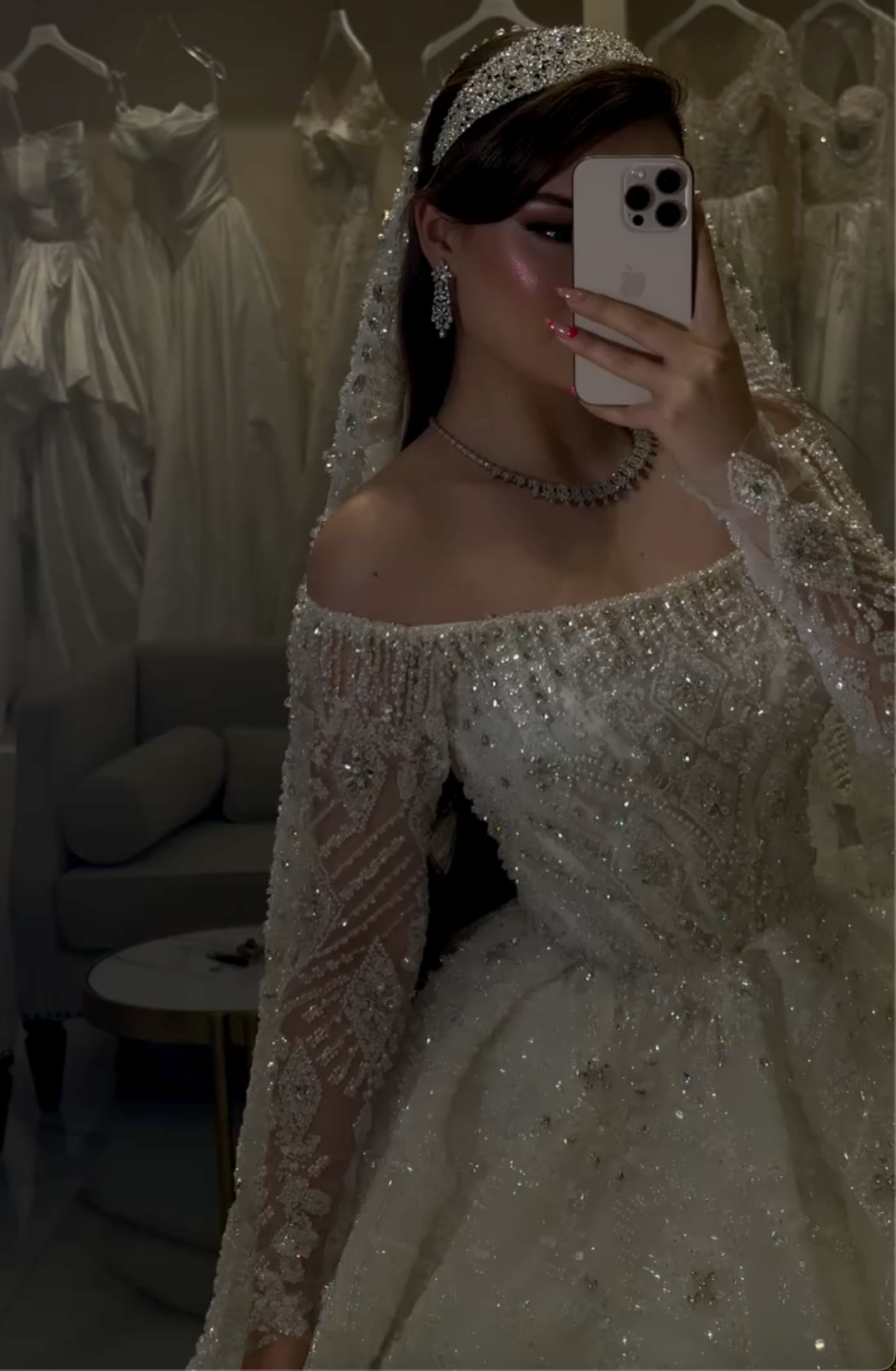 White Rhinestone Off-Shoulder Long Sleeve Ball Gown Wedding Dress