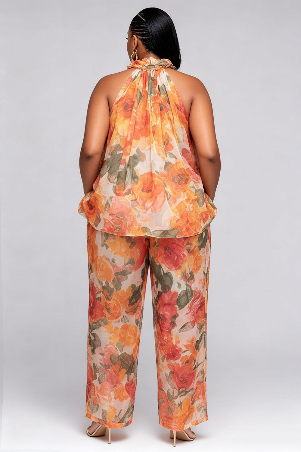 Daily Orange Floral Halter Collar Pocket Chiffon Two Piece Pant Sets