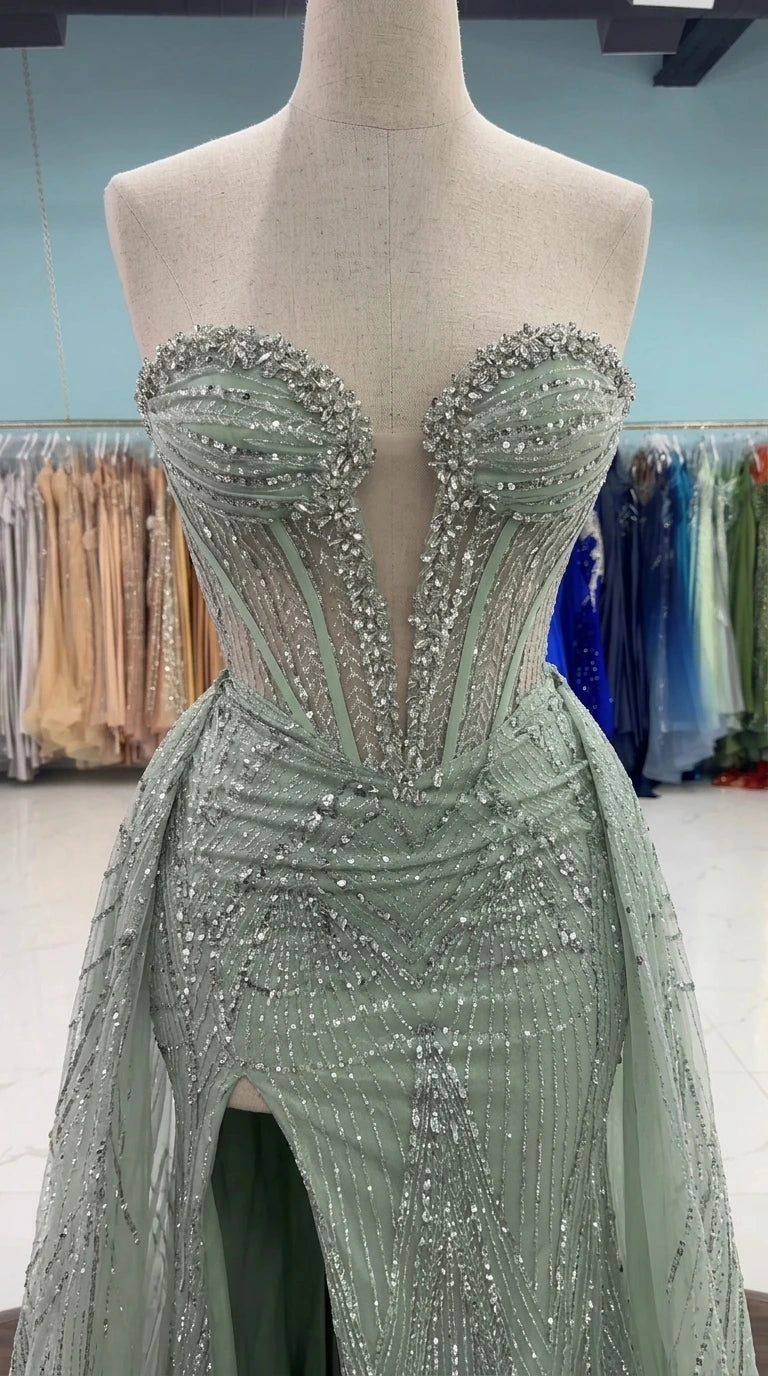 Strapless Corset Embellished Evening Gown with Slit and Overskirt