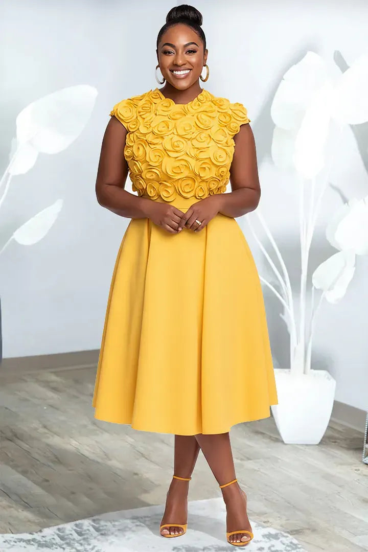 Cocktail Party Yellow Round Neck 3D Pocket Midi Dresses