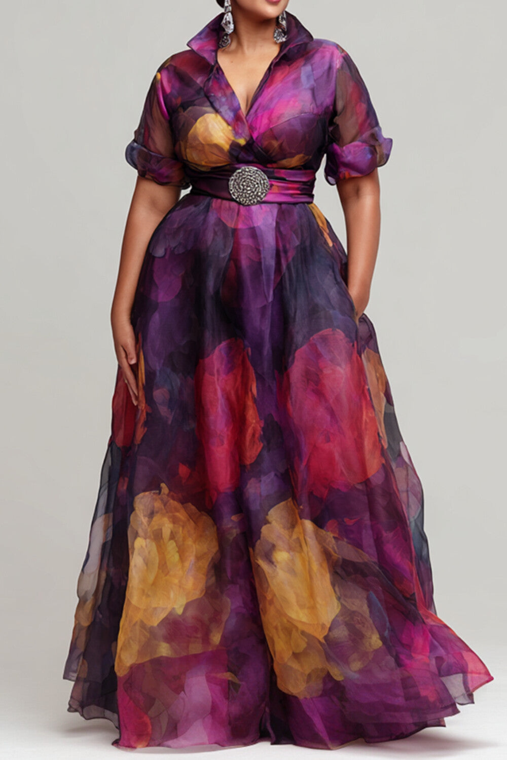 Purple Floral Short Sleeve Pocket Organza Maxi Dresses