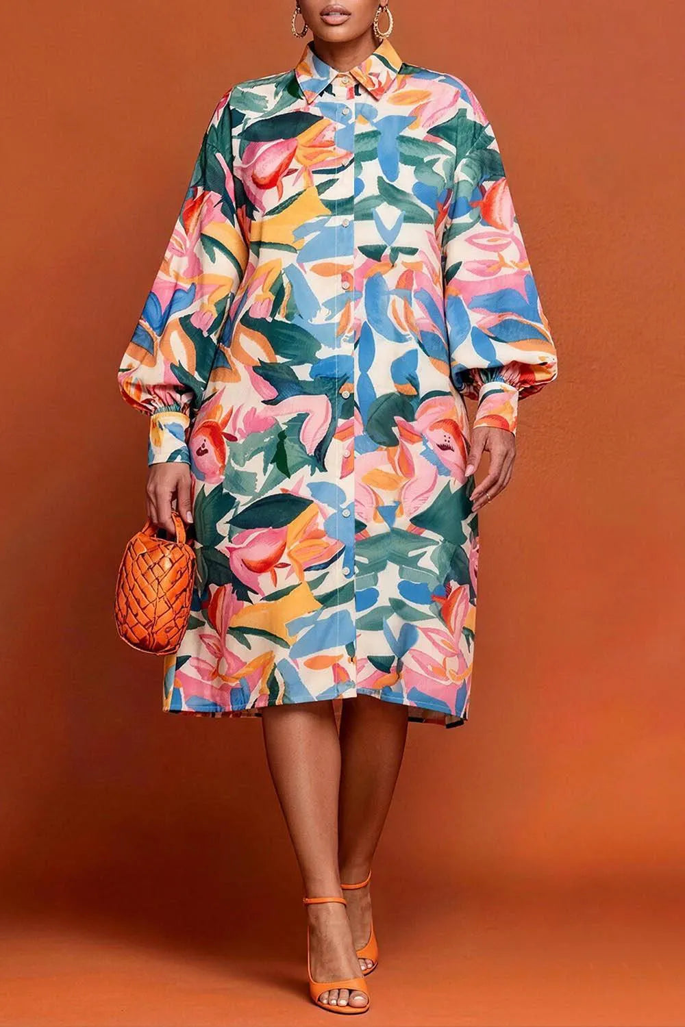 Business Casual Multicolor All Over Print Shirt Collar Long Sleeve Pocket Midi Dresses