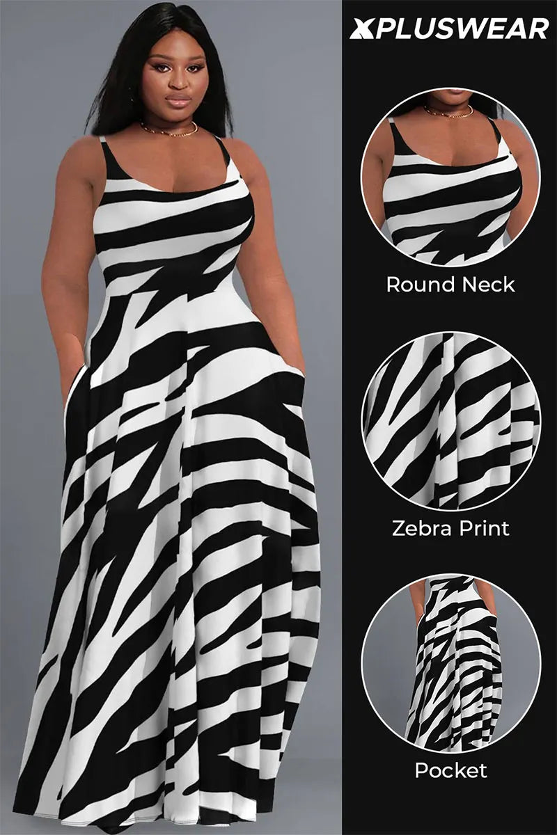 Daily Black Sundress Zebra Print Round Neck Pocket Maxi Dresses