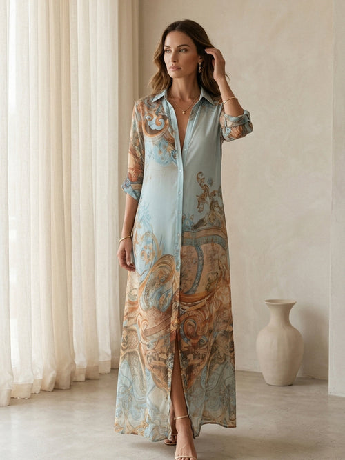 Baroque Style Floral Blue Chiffon Maxi Dress